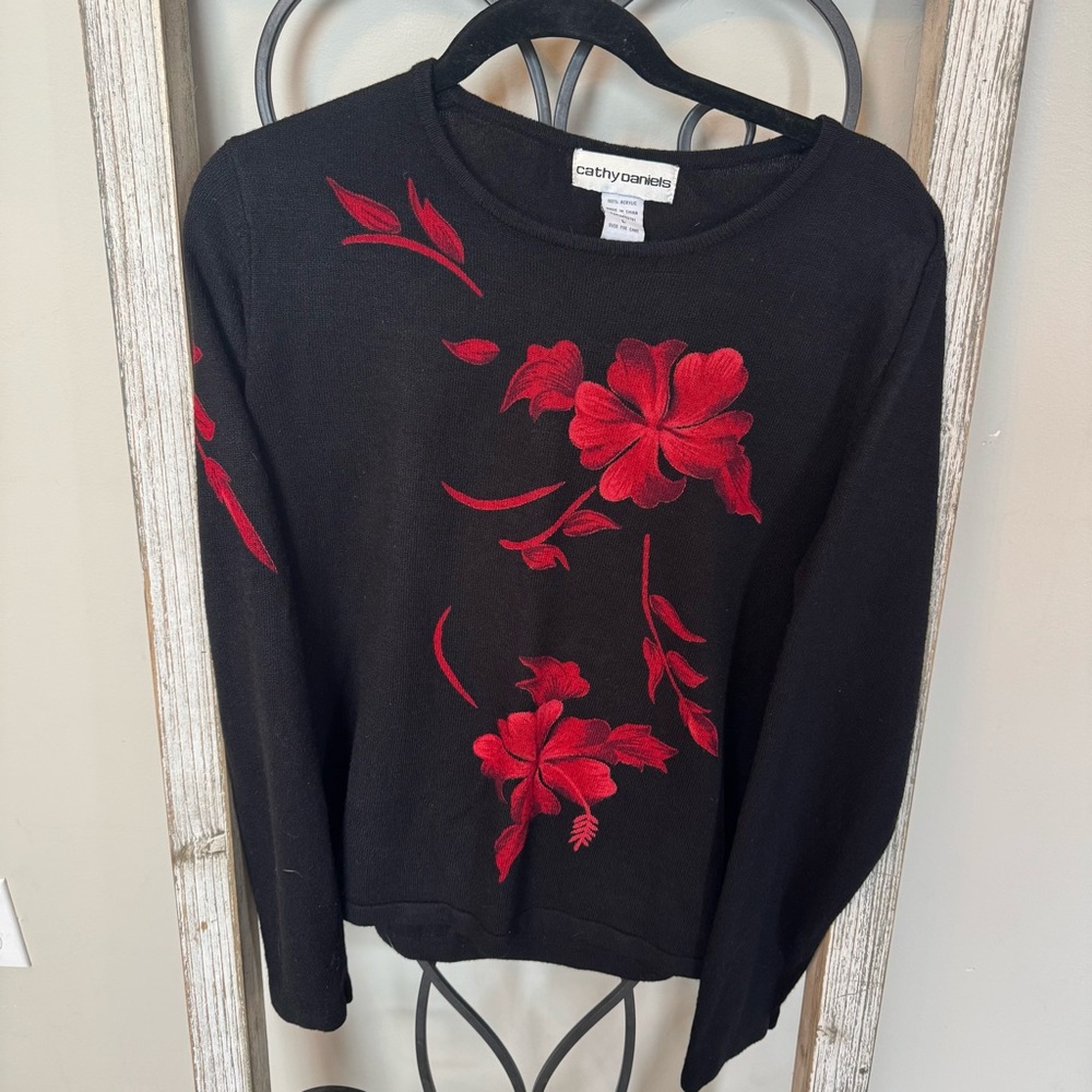 Cathy Daniels Black Sweater with Red Floral Embroidery Size Large